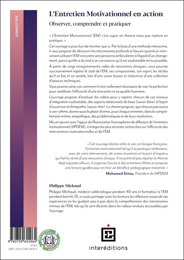 Quatrième de couverture de « L'entretien motivationnel en action : observer, comprendre et pratiquer »