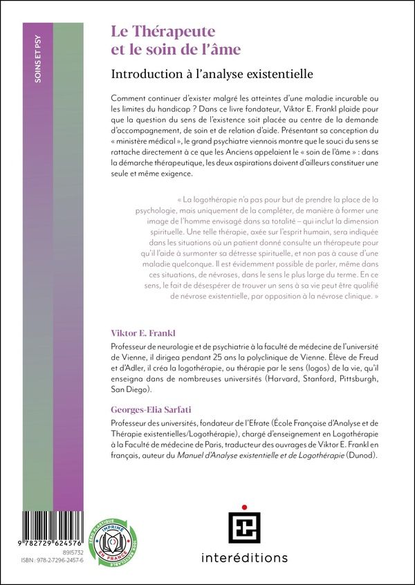 Quatrième de couverture de « Le thérapeute et le soin de l'âme : introduction à l'analyse existentielle »