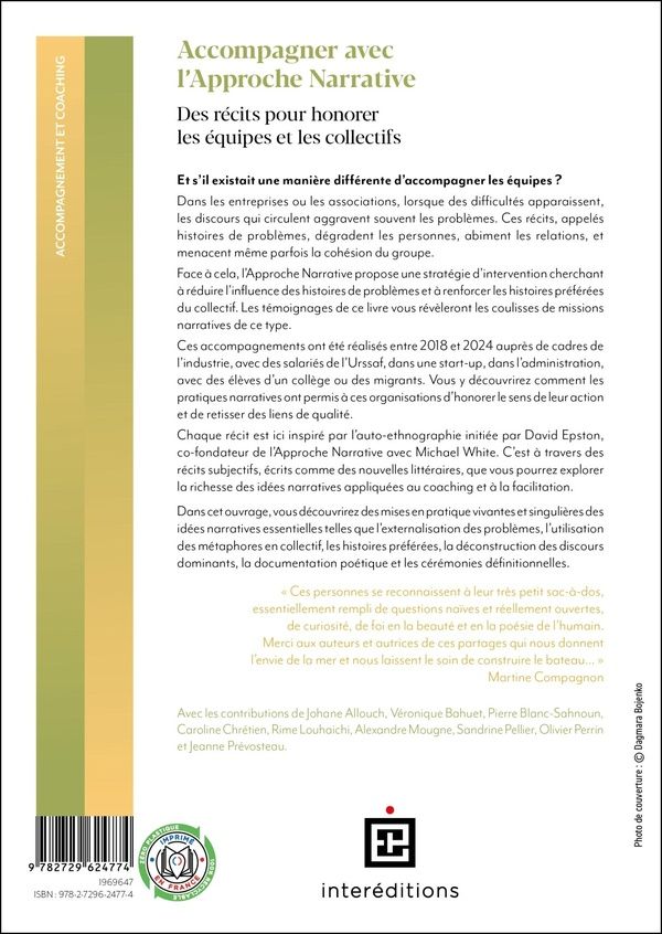 Quatrième de couverture de « Accompagner avec l'approche narrative : des récits pour honorer les équipes et les collectifs »