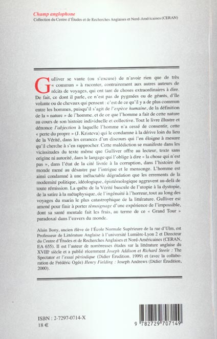 Quatrième de couverture de « DISCOURS ET VERITE DANS LES VOYAGES DE GULLIVER DE JONATHAN SWIFT »