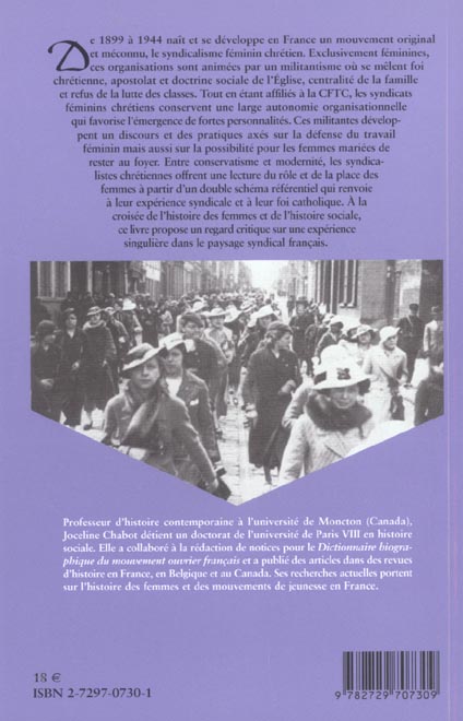 Quatrième de couverture de « LES DEBUTS DU SYNDICALISME FEMININ CHRETIEN EN FRANCE - 1899-1944 »