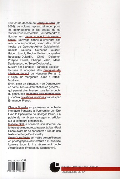 Quatrième de couverture de « AUTOFICTION(S) - COLLOQUE DE CERISY »