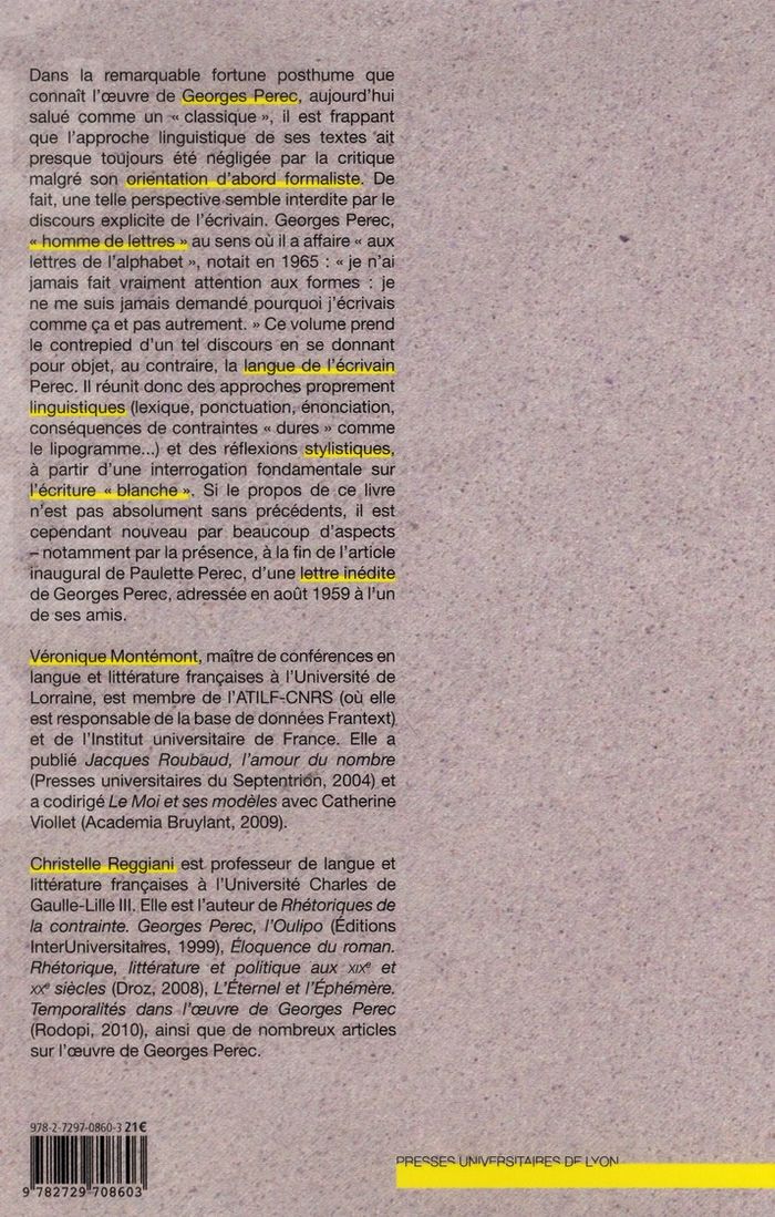 Quatrième de couverture de « GEORGES PEREC ARTISAN DE LA LANGUE »