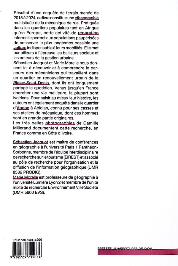 Quatrième de couverture de « Mécaniciens de rue : Réparer et vivre, d'Abidjan au Grand Paris »