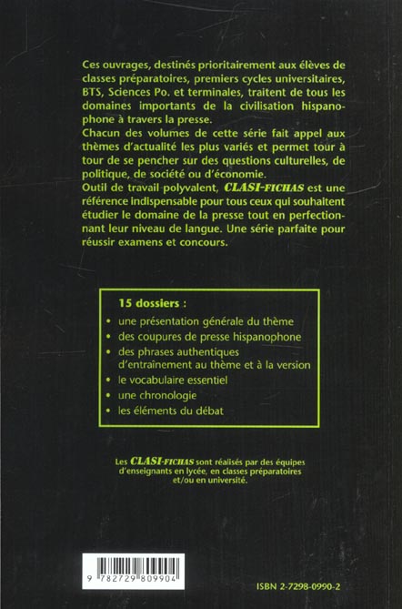 Quatrième de couverture de « CLASI FICHAS 1 - LES DOSSIERS CLASSES DE LA PRESSE HISPANOPHONE »