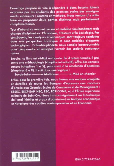 Quatrième de couverture de « ANALYSE ECONOMIQUE ET HISTORIQUE DES SOCIETES CONTEMPORAINES »