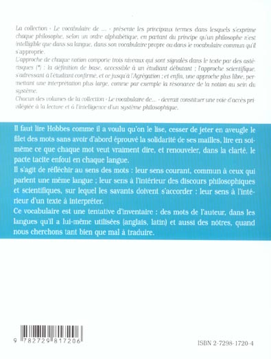 Quatrième de couverture de « VOCABULAIRE DE HOBBES (LE) »