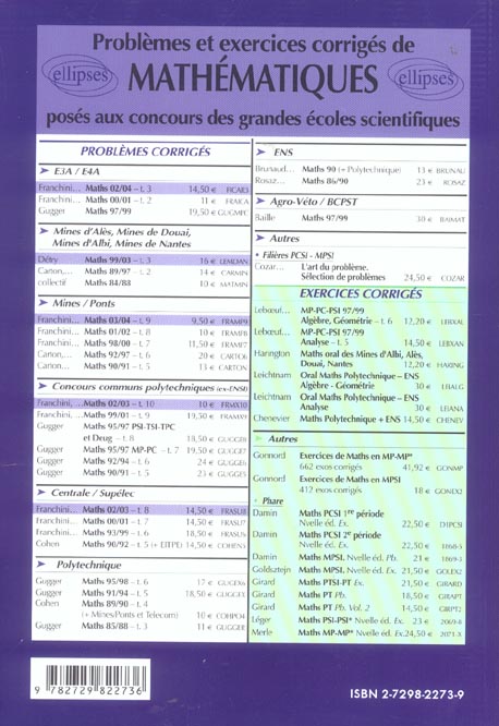 Quatrième de couverture de « MATHEMATIQUES AUX ORAUX DES CONCOURS - CENTRALE/SUPELEC MINES/PONTS POLYTECHNIQUE - FILIERE PC-PSI »
