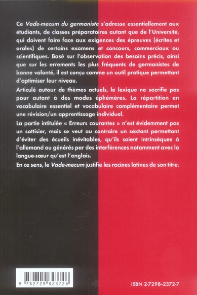 Quatrième de couverture de « VADE-MECUM DU GERMANISTE »