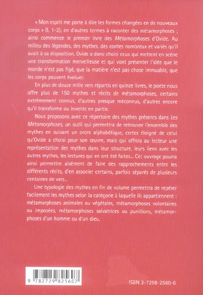 Quatrième de couverture de « REPERTOIRE MYTHOLOGIQUE DANS LES METAMORPHOSES D'OVIDE »