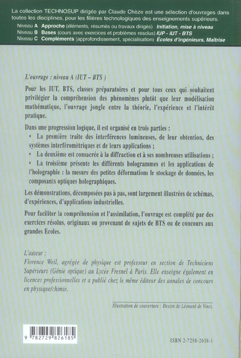 Quatrième de couverture de « OPTIQUE PHYSIQUE - INTERFERENCES, DIFFRACTION, HOLOGRAPHIE - COURS ET EXERCICES CORRIGES - OPTIQUE - »