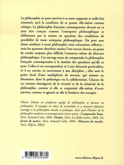 Quatrième de couverture de « PHILOSOPHIE FRANCAISE CONTEMPORAINE (LA) »