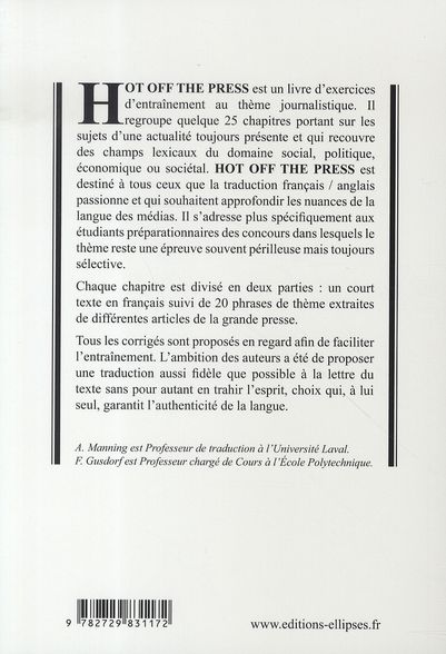 Quatrième de couverture de « HOT OFF THE PRESS - TRADUIRE SANS TRAHIR »