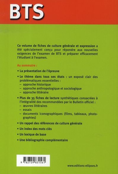 Quatrième de couverture de « BTS - FICHES DE CULTURE GENERALE ET EXPRESSION, RISQUE ET PROGRES »