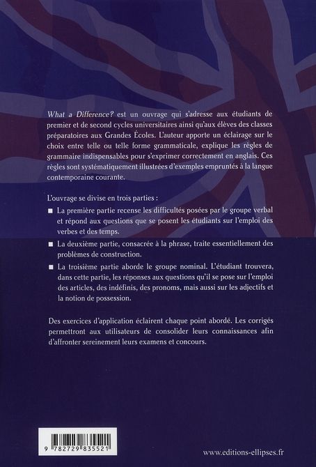 Quatrième de couverture de « WHAT A DIFFERENCE? QUESTIONS DE GRAMMAIRE ANGLAISE ET LEURS REPONSES »