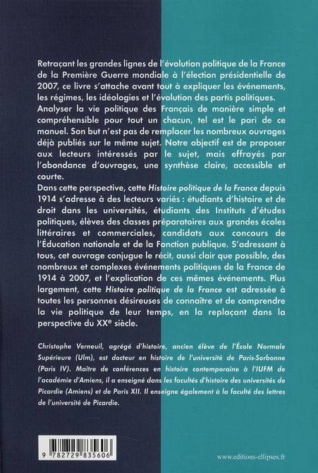 Quatrième de couverture de « HISTOIRE POLITIQUE DE LA FRANCE. 1914-2007 »