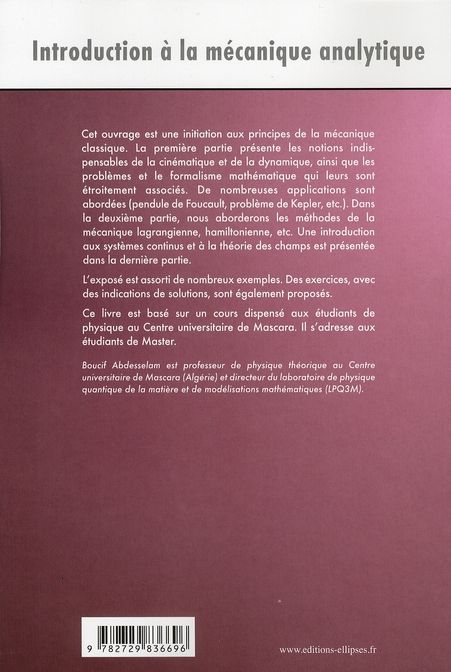 Quatrième de couverture de « INTRODUCTION A LA MECANIQUE ANALYTIQUE - NIVEAU MASTER 1 ET 2 »