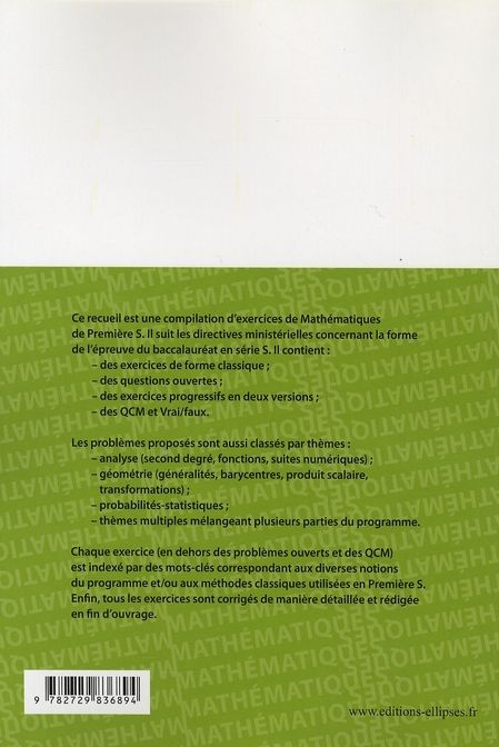 Quatrième de couverture de « EXERCICES CORRIGES DE MATHEMATIQUES DANS L'ESPRIT DU NOUVEAU BAC S - PREMIERE S »