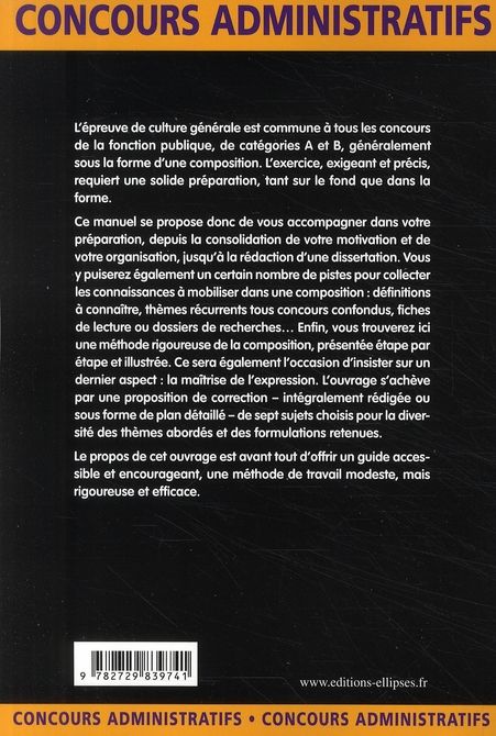 Quatrième de couverture de « L'EPREUVE DE CULTURE GENERALE AUX CONCOURS DE CATEGORIES A ET B »