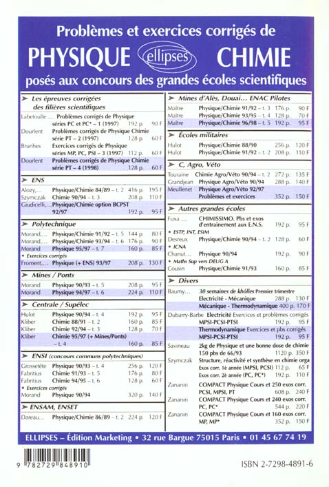 Quatrième de couverture de « CHIMIE CENTRALE/SUPELEC ET MINES/PONTS 1995-1997 - TOME 4 »