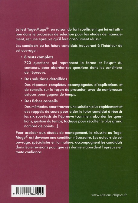 Quatrième de couverture de « TESTEZ-VOUS AU TAGE-MAGE  - 8 TESTS COMPLETS CORRIGES »
