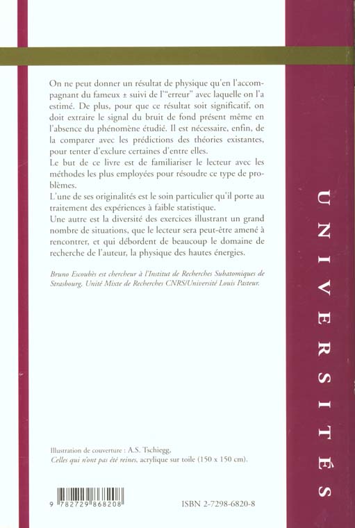 Quatrième de couverture de « PROBABILITES ET STATISTIQUES A L'USAGE DES PHYSICIENS »