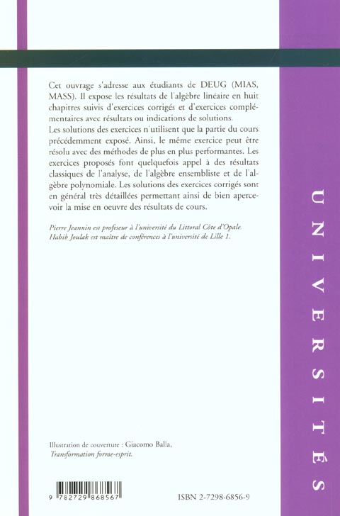 Quatrième de couverture de « ALGEBRE LINEAIRE - RAPPELS DE COURS, EXERCICES CORRIGES »