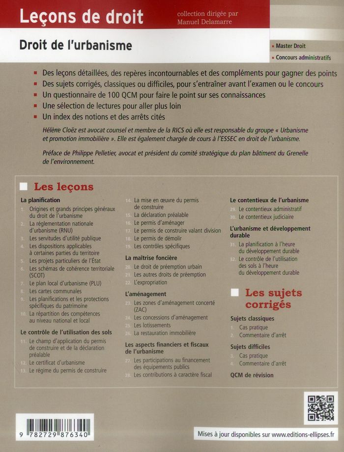 Quatrième de couverture de « LECONS DE DROIT DE L'URBANISME. COURS COMPLET ET SUJETS CORRIGES »