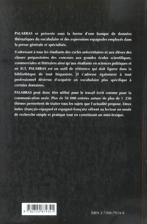 Quatrième de couverture de « PALABRAS - MEDIASCOPIE DU VOCABULAIRE ESPAGNOL »
