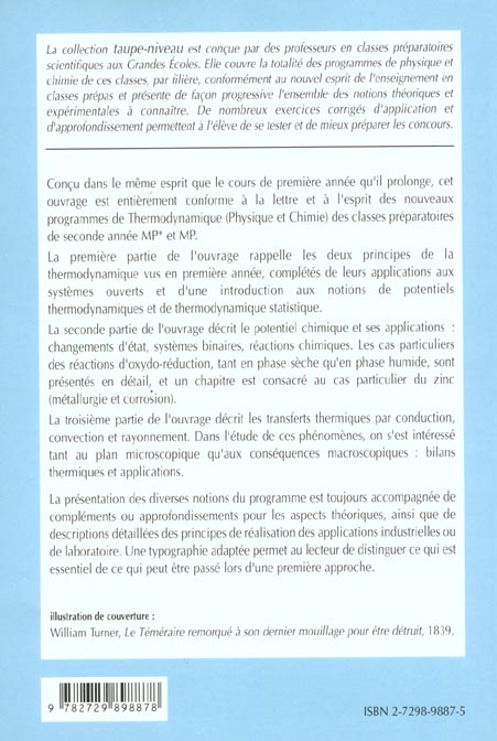 Quatrième de couverture de « THERMODYNAMIQUE PHYSIQUE ET CHIMIQUE MP-MP* - COURS ET EXERCICES CORRIGES »