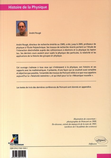 Quatrième de couverture de « RELATIVITE RESTREINTE - LA CONTRIBUTION D'HENRI POINCARE »