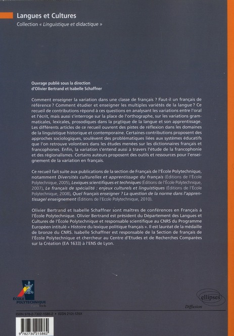 Quatrième de couverture de « VARIETES, VARIATIONS ET FORMES DU FRANCAIS »