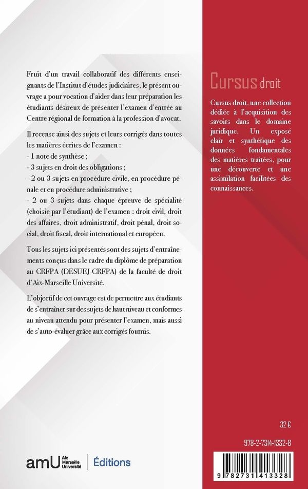 Quatrième de couverture de « Réussir le CRFPA : recueil de sujets d'entraînements aux épreuves écrites »