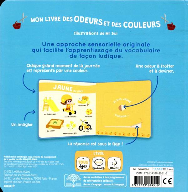 Quatrième de couverture de « MON LIVRE DES ODEURS ET DES COULEURS - MA JOURNEE »