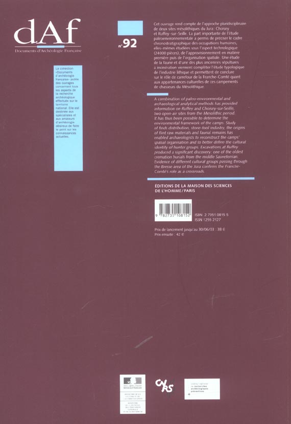 Quatrième de couverture de « CAMPEMENTS MESOLITHIQUES EN BRESSE JURASSIENNE - CHOISEY ET RUFFEY-SUR-SEILLE (JURA) »