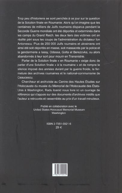 Quatrième de couverture de « ROUMANIE ET LA SHOAH »