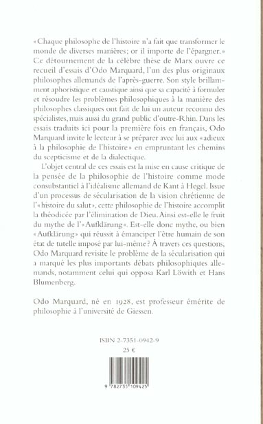 Quatrième de couverture de « DES DIFFICULTES AVEC LA PHILOSOPHIE DE L'HISTOIRE - ESSAIS »