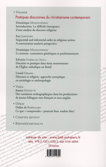 Quatrième de couverture de « LANGAGE ET SOCIETE, N 130/DEC. 2009. PRATIQUES DISCURSIVES DU CHRISTI ANISME CONTEMPORAIN »