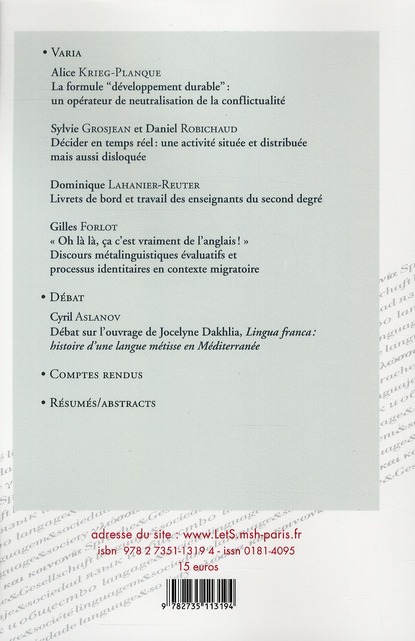 Quatrième de couverture de « LANGAGE ET SOCIETE, N 134/DEC. 2010. VARIA »