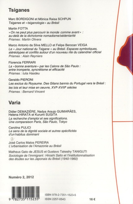 Quatrième de couverture de « BRESIL(S). SCIENCES HUMAINES ET SOCIALES, N 2. TSIGANES »