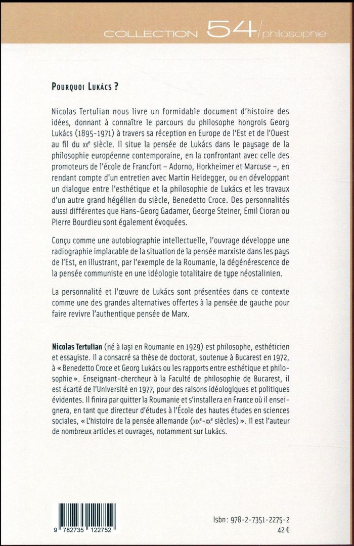 Quatrième de couverture de « POURQUOI LUKACS ? »