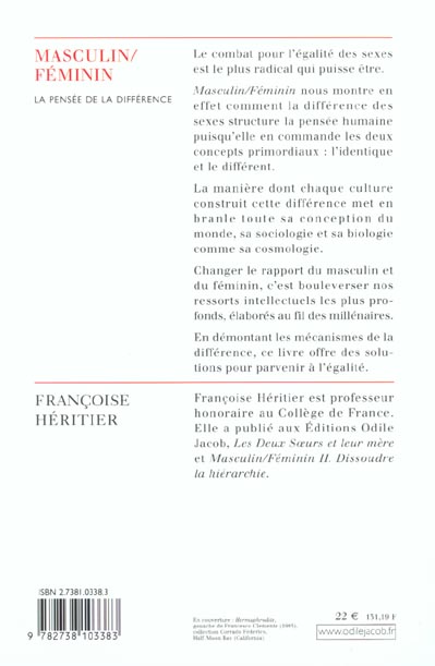 Quatrième de couverture de « MASCULIN/FEMININ I - LA PENSEE DE LA DIFFERENCE »