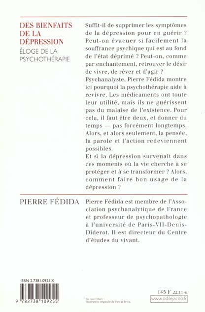 Quatrième de couverture de « DES BIENFAITS DE LA DEPRESSION - ELOGE DE LA PSYCHOTHERAPIE »