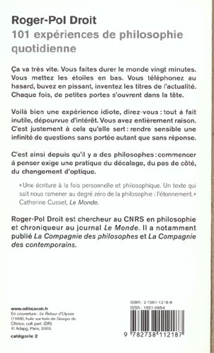 Quatrième de couverture de « 101 EXPERIENCES DE PHILOSOPHIE QUOTIDIENNE »