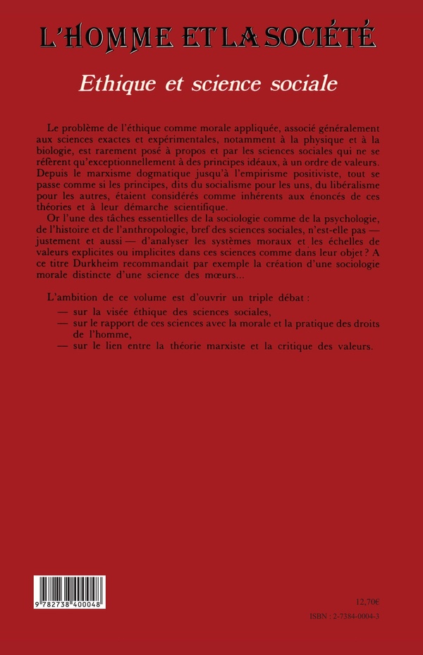 Quatrième de couverture de « ETHIQUE ET SCIENCE SOCIALE »