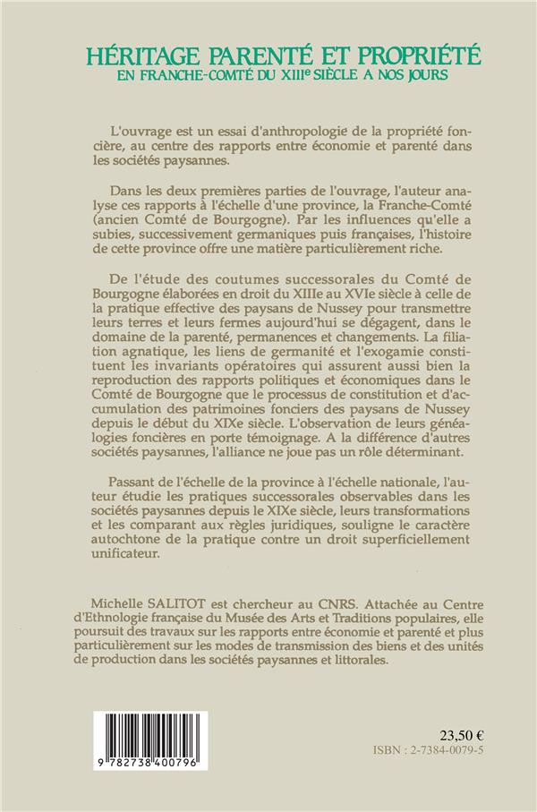 Quatrième de couverture de « HERITAGE, PARENTE ET PROPRIETE EN FRANCHE-COMTE, DU XIIE SIE »