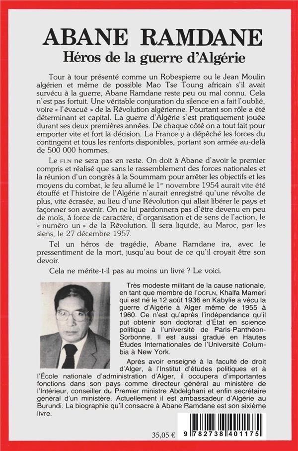 Quatrième de couverture de « ABANE RAMDANE, HEROS DE LA GUERRE D'ALGERIE »