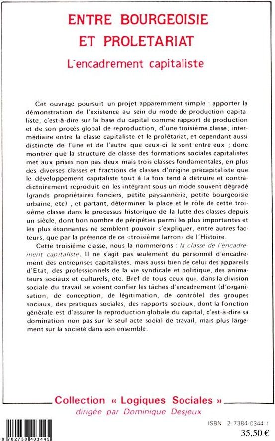 Quatrième de couverture de « ENTRE BOURGEOISIE ET PROLETARIAT »
