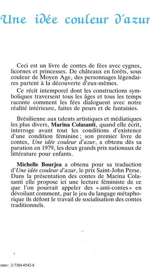 Quatrième de couverture de « UNE IDEE COULEUR D'AZUR »