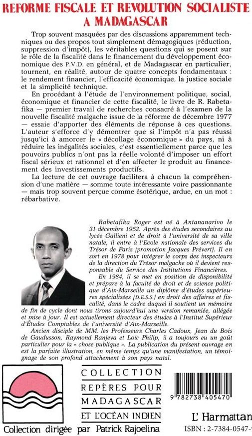 Quatrième de couverture de « REFORME FISCALE ET REVOLUTION SOCIALISTE A MADAGASCAR »